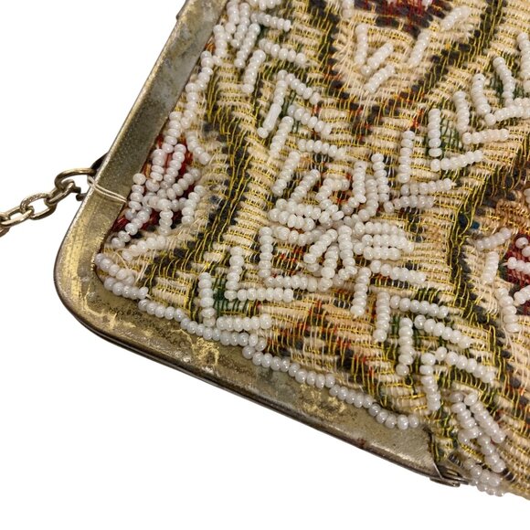 Vintage Floral Beaded Handbag Evening Bag Chain Strap Feminine Victorian Regency - Picture 7 of 10